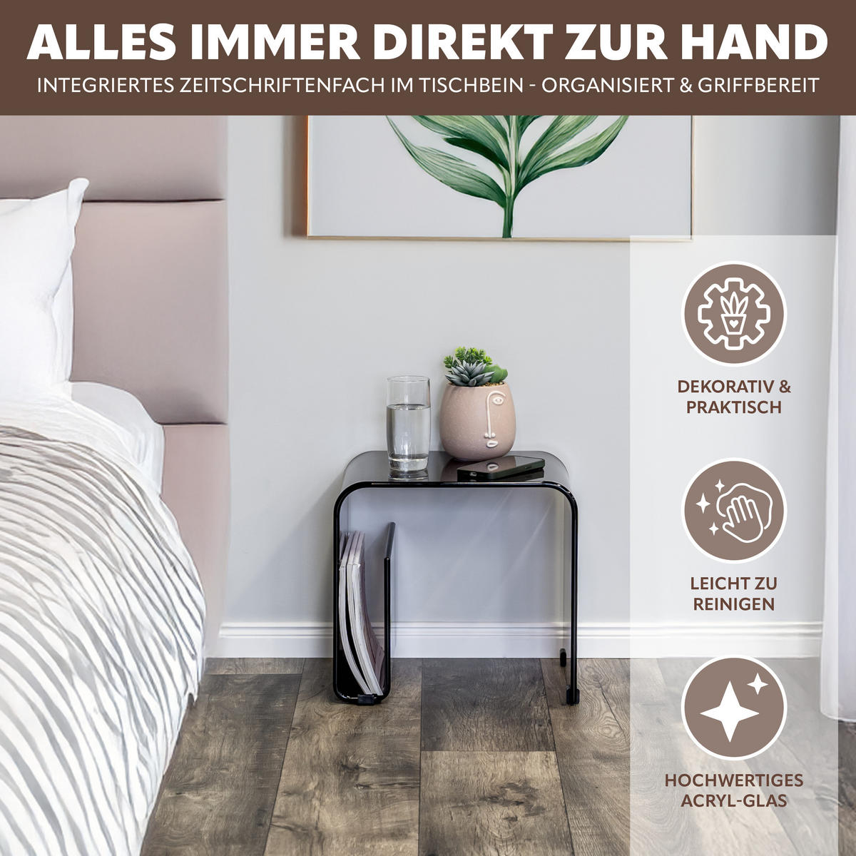BEISTELLTISCH MIT MAGAZINHALTER Acryl schwarztransparent - Anthrazit, Kunststoff (30/38.5/35.5cm) - eluno