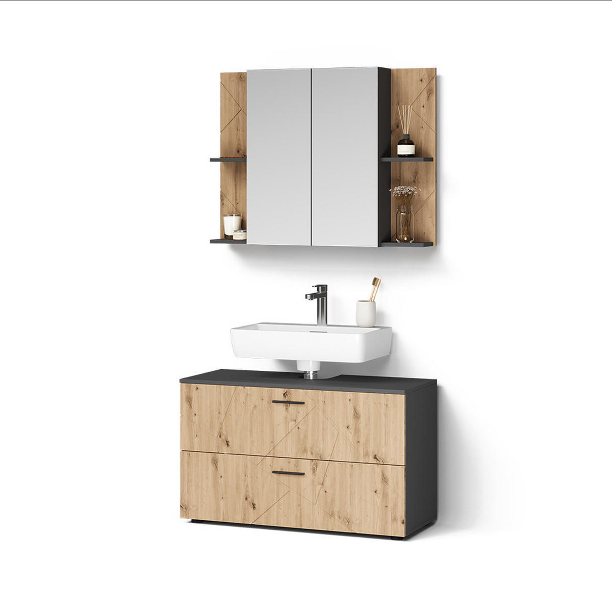 BADMÖBEL-SET Ronco, Anthrazit/Artisan-Eiche, 2-teilig - Anthrazit/Eiche Artisan, Holzwerkstoff (100.1/57/44.6cm) - Livinity®