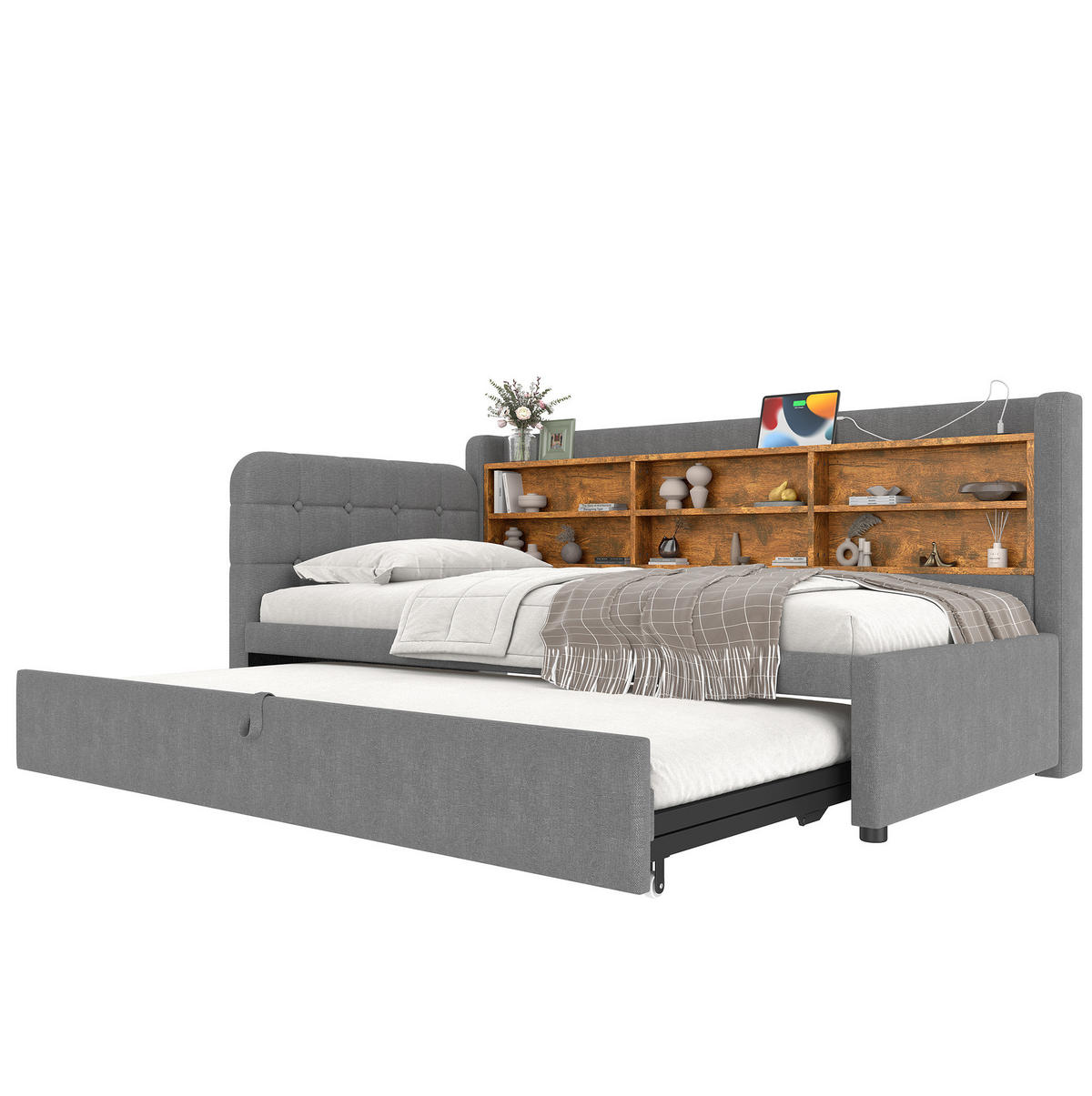 DAYBETT 90/200 cm Grau multifunktionales Ausziehbett mit USB- und Type-C-Anschlüssen aus Leinen - Grau, Textil (90/200cm) - OKWISH