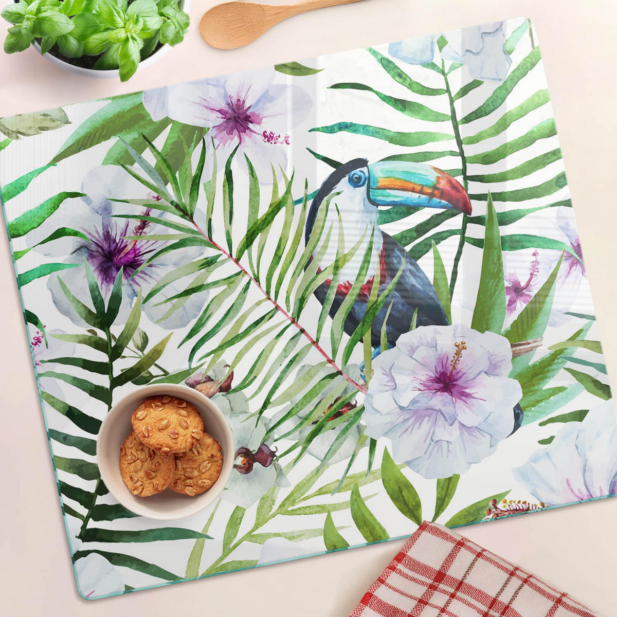 GLASPLATTE 60x52 cm Tropischer Tukan - Dunkelgrau/Schwarz, Glas (60/0.4/52cm) - TULUP