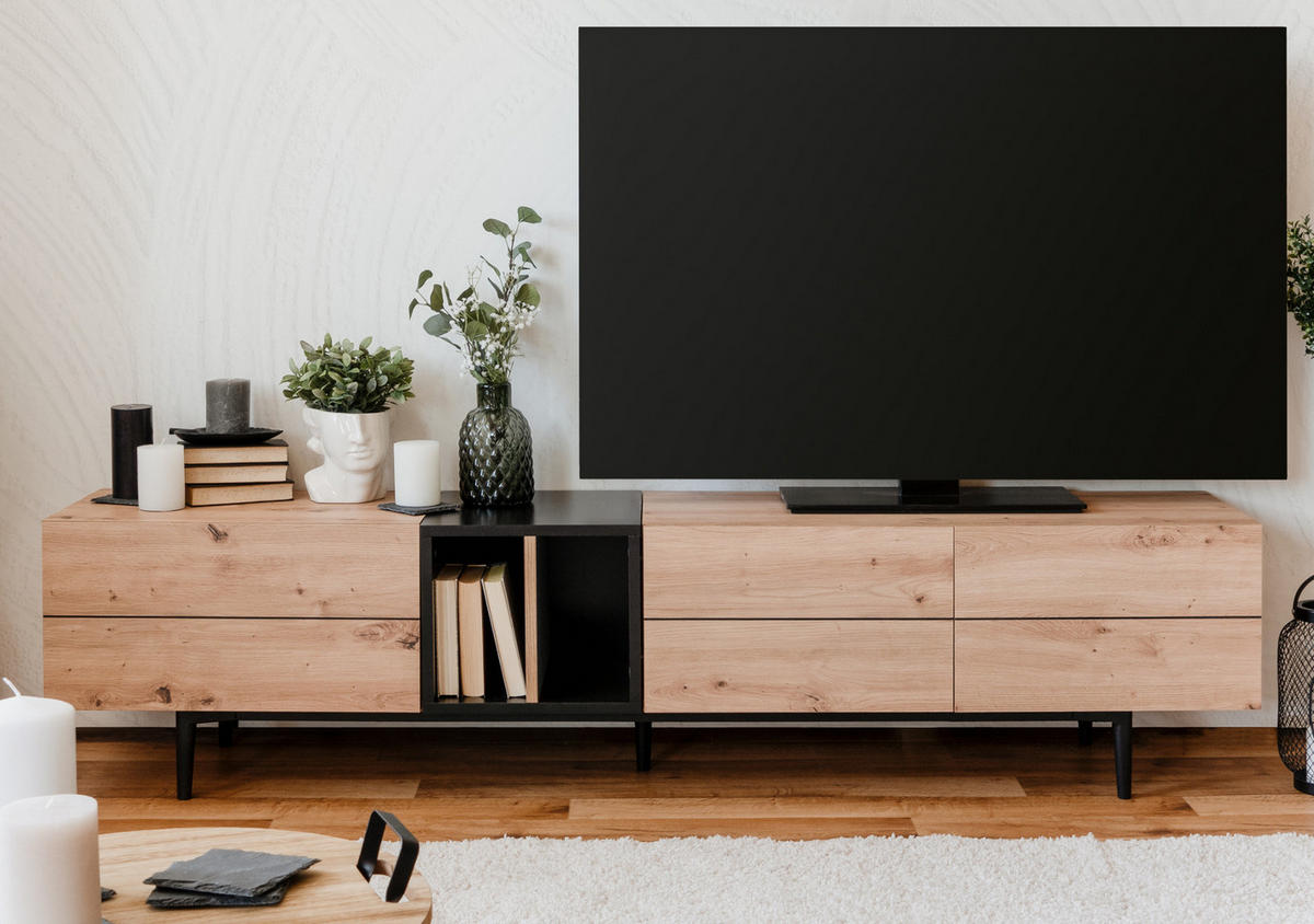 TV-LOWBOARD Eiche Artisan, schwarz 195 cm, TV-Unterteil mit viel Stauraum - Schwarz/Eiche Artisan, Holzwerkstoff (195/48/37cm) - Furn.Design