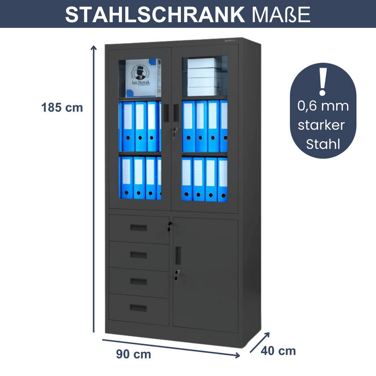 VITRINENSCHRANK abschließbar PUMME mit Schubladen 185x90x40cm Anthrazit - Anthrazit, Metall (90/185/40cm) - DELUKE
