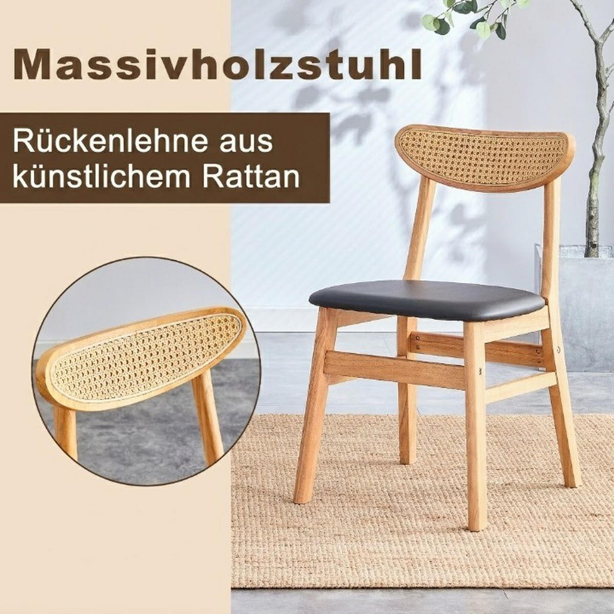 STUHL-SET DE-36740 2 Stück mit Rattan-Rückenlehne Natur - Naturfarben, Holzwerkstoff (43.9/78.7/45cm) - ComfortXL