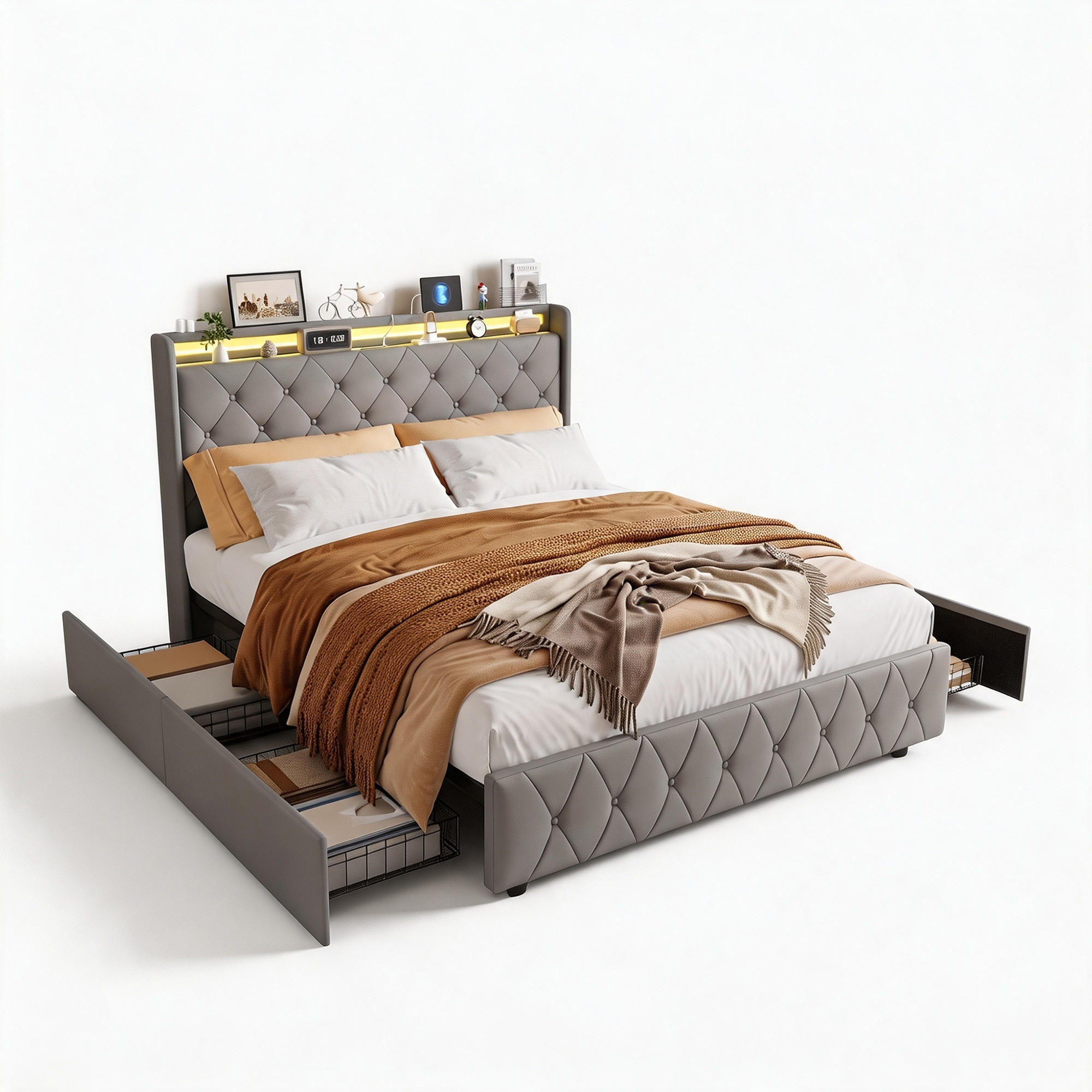 POLSTERBETT, LED-Beleuchtung Doppelbett 160x200cm mit Ladefunktion und 4 Schubladen, Samt, grau - Grau, Holz/Holzwerkstoff (160/200cm) - GENKI LIVING