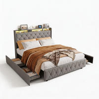 POLSTERBETT, LED-Beleuchtung Doppelbett 160x200cm mit Ladefunktion und 4 Schubladen, Samt, grau - Grau, Holz/Holzwerkstoff (160/200cm) - GENKI LIVING