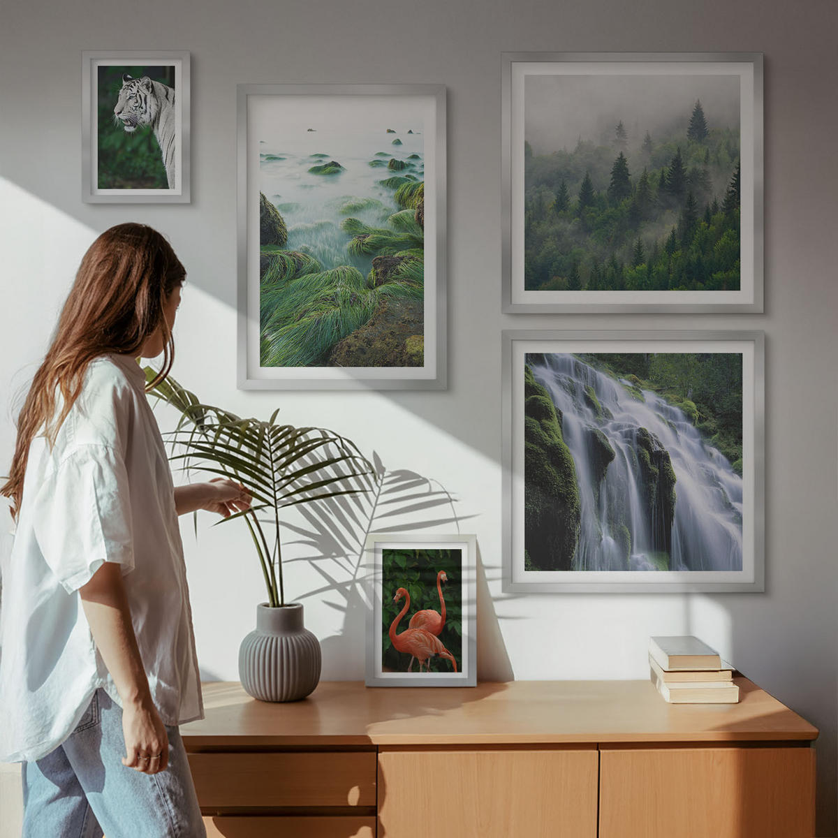 WANDBILDER 5er Set - 50x50 cm & 20x30 cm & 40x60 cm Silberner Rahmen - Tiger Wasserfall Flamingos Natur - Silberfarben, Kunststoff (40/60cm) - ArtPrintCave