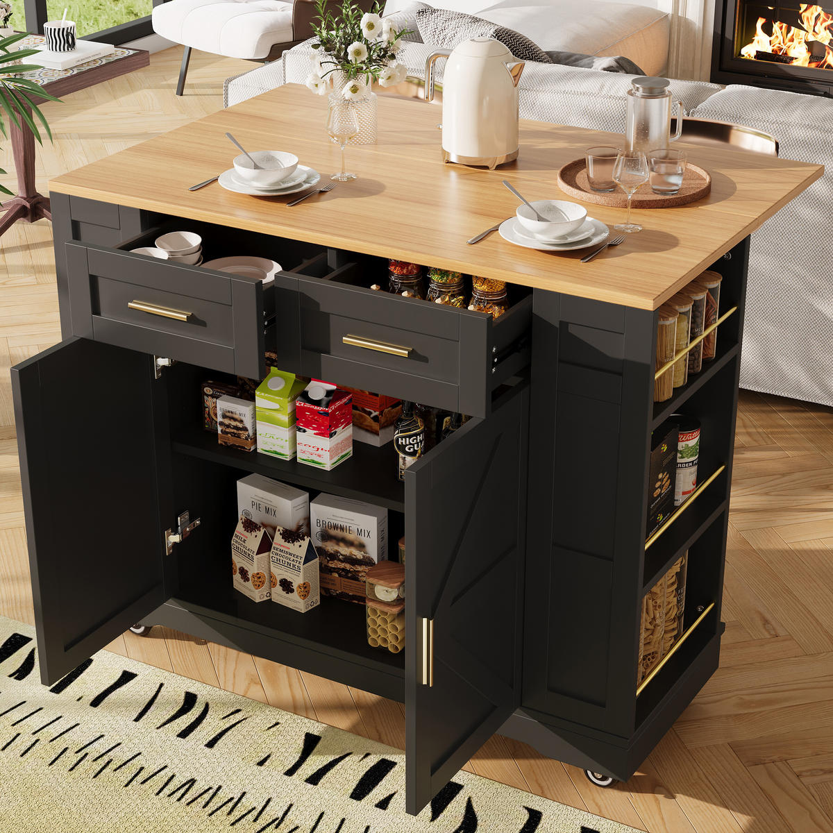 KÜCHENINSEL Schwarz 120/65/90 cm - Schwarz, Holzwerkstoff (65/90/120cm) - Urban Meuble
