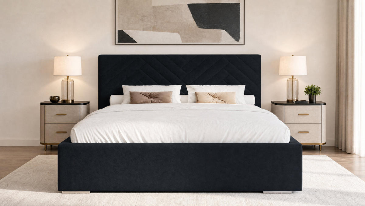 POLSTERBETT 140x200 cm AURA, Doppelbett mit Bettkasten und Lattenrost aus Holz, Velourstoff: Schwarz - Schwarz, Holz/Textil (140/200cm) - Marpur