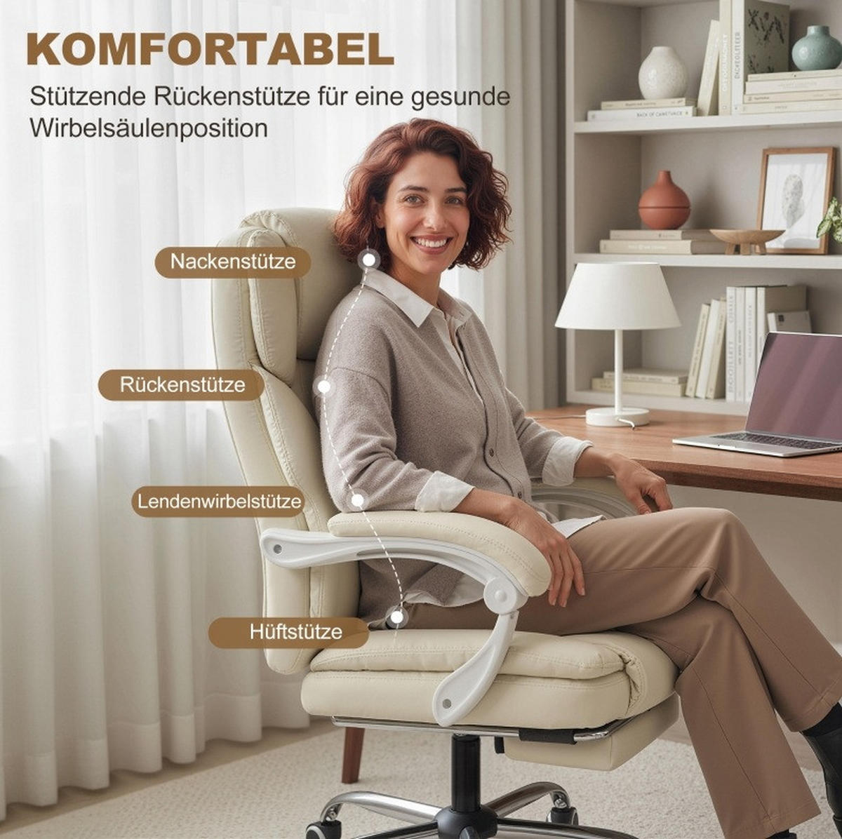 BÜROSTUHL in Beige 64x73x120 cm mit verstellbarer Rückenlehne und ausziehbarem Fußteil - Beige, Kunststoff (73/120/64cm) - IVMEU