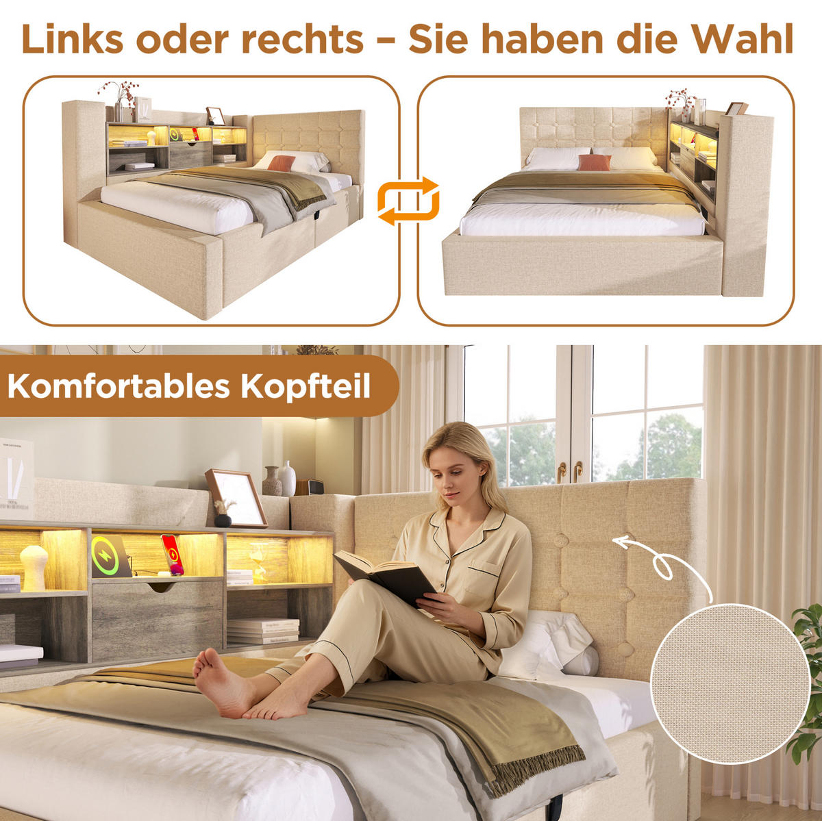 POLSTERBETT 90/200 cm mit LED-Beleuchtung, USB-Anschlüssen, hydraulischem Stauraum und L-Kopfteil aus Leinen, Beige - Beige, Textil (90/200cm) - Redom
