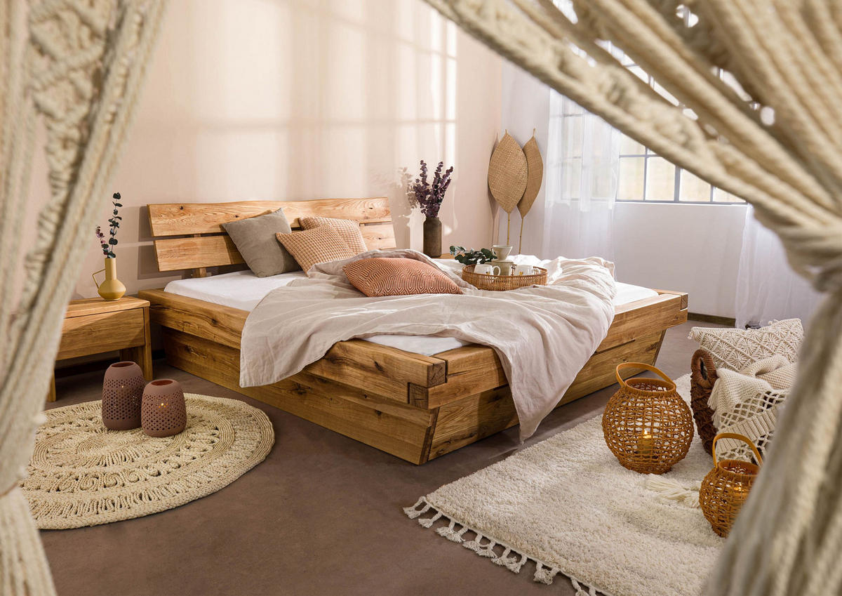 BETT mit Schublade Massivholz Wildeiche 200 x 200 x 84 natur BALKENMÖBEL #300 - Braun, Holz (200/200cm) - Massivmoebel24