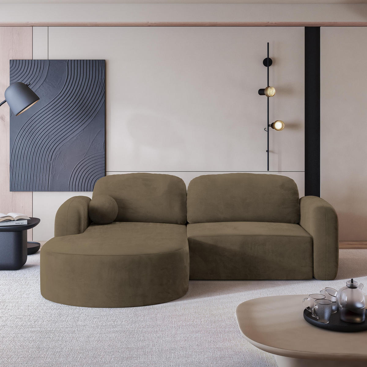 ECKSOFA AMILIA M L-S Beige Velours-Stoff mit Schlaffunktion - Beige, Holz (263/174cm) - MASSENO