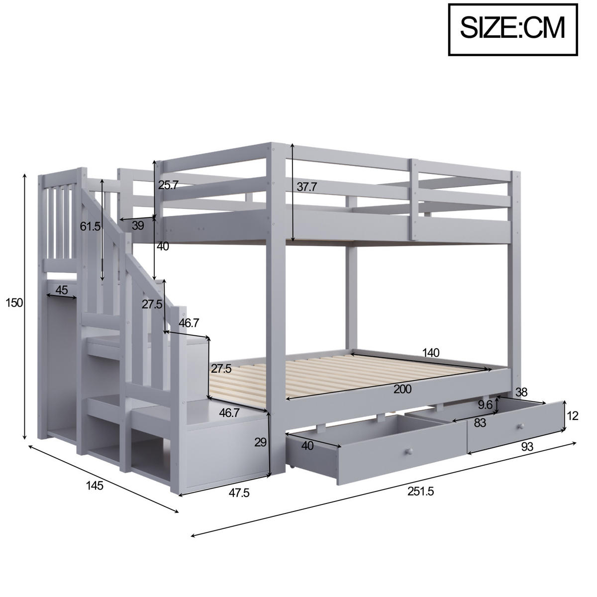 ETAGENBETT aus Kiefernholz 140x200 cm Grau mit Stauraumtreppe und 2 Schubladen - Grau, Holz (140/200cm) - Modfu
