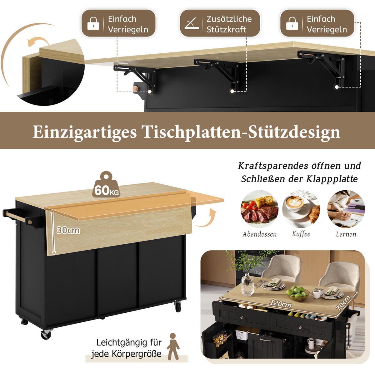 KÜCHENINSEL 140/40-70/92 cm aus MDF mit ausziehbarer Klappplatte, Schubladen und Rollen, Schwarz/Natur - Schwarz, Holzwerkstoff (140/92/70cm) - Redom