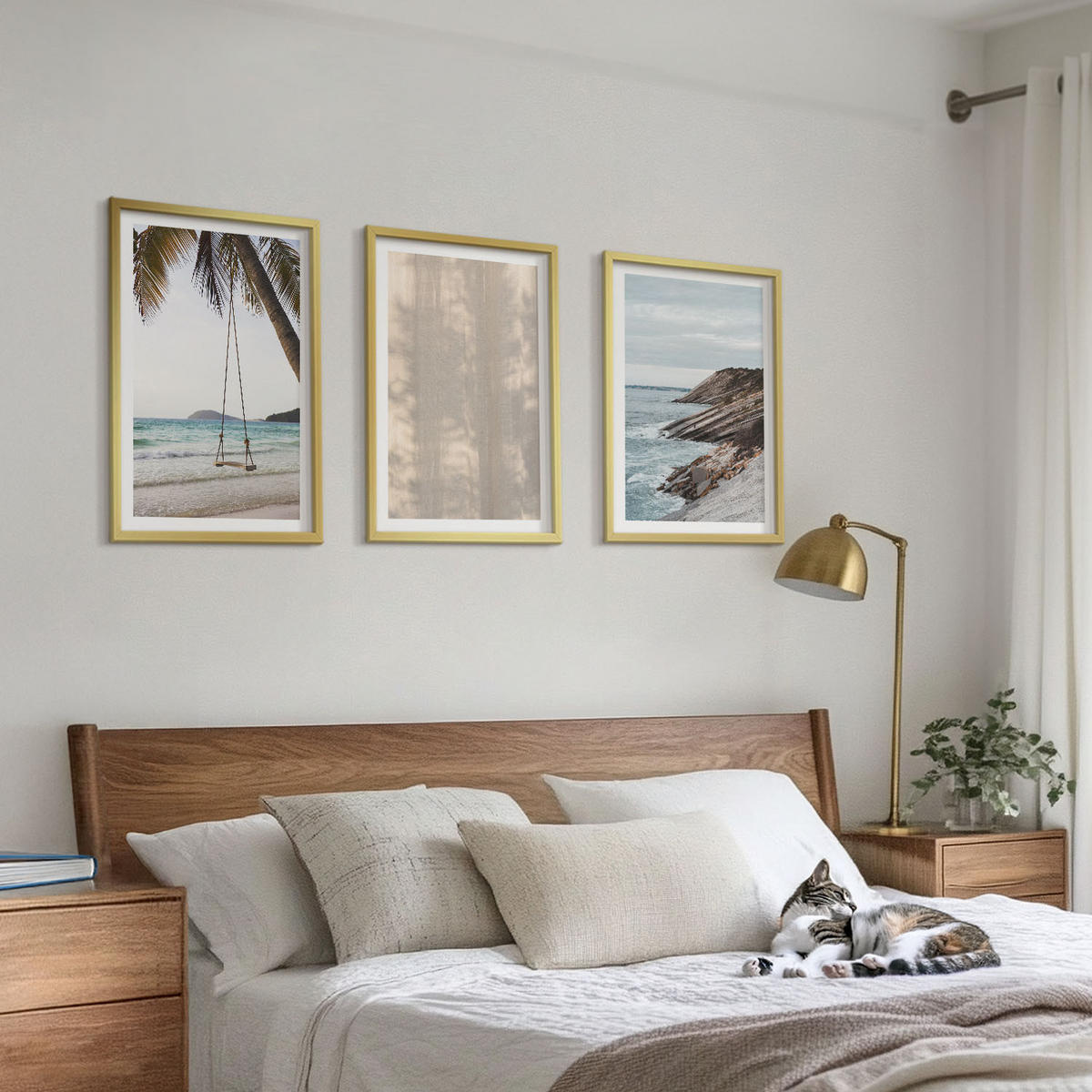 WANDBILDER 3er Set - 40x60 cm Goldrahmen - Sommerlicher Sandstrand mit Meerblick - Goldfarben, Kunststoff (40/60cm) - ArtPrintCave