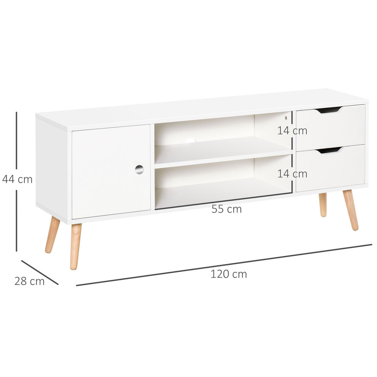 LOWBOARD DE-16075 mit Schrank, 2 Nischen & 2 Schubladen Weiß/Kiefer - Weiß, Holzwerkstoff (120/44/28cm) - ComfortXL