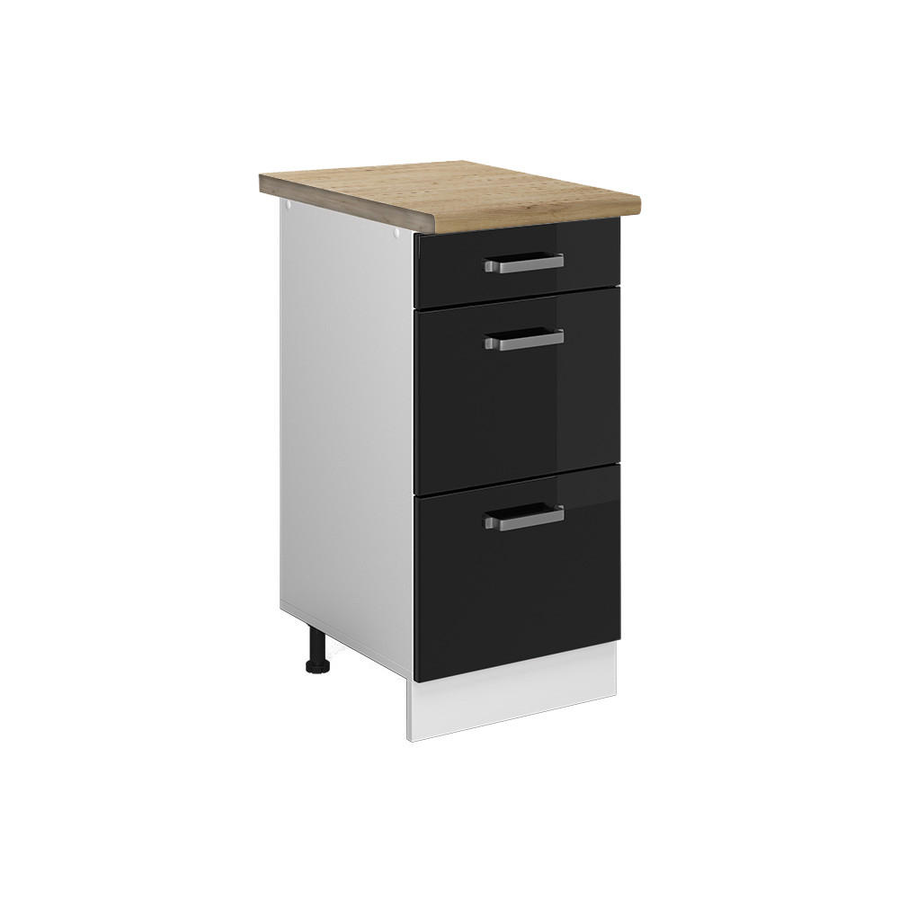 KÜCHENUNTERSCHRANK R-Line Schwarz Hochglanz 40 cm mit Schubladen AP Eiche - Schwarz Hochglanz/Schwarz, Holzwerkstoff (40/81.6/60cm) - Vicco