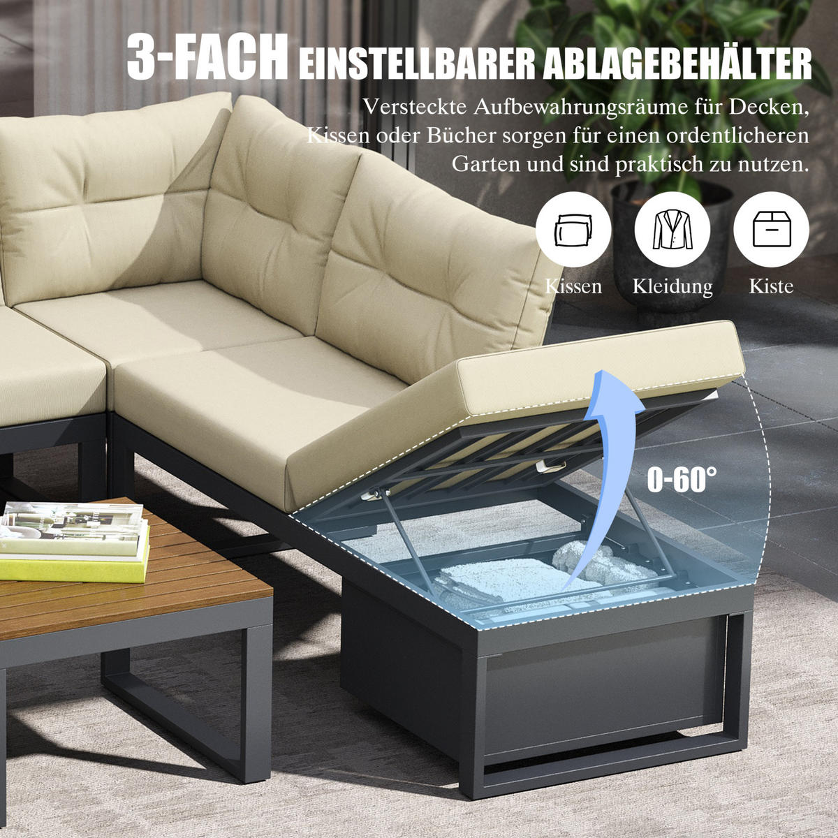 GARTENSET aus Eisen und Polyester 191,5x191,5x79 cm Beige mit Stauraum und 3-fach verstellbarer Liegefunktion - Beige, Textil - Modfu