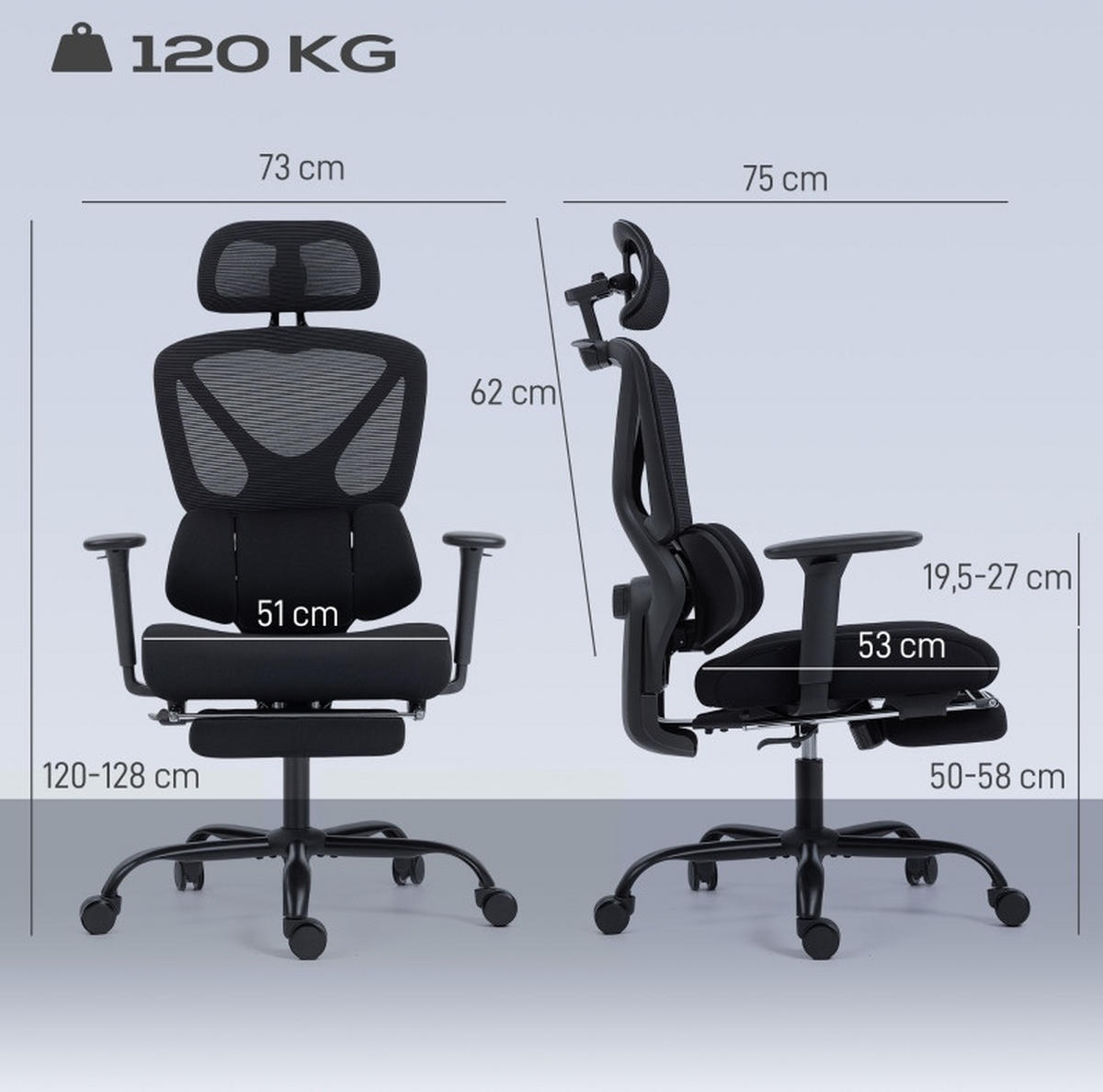 ERGONOMICKÁ kancelárska stolička čierna s opierkou hlavy, bedrovou oporou a výsuvnou podnožkou z plastu - čierna, plast (73/128/75cm) - OKWISH