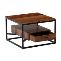 SOFATISCH Sheesham Massivholz und Metall, Quadratisch mit Schublade, Maße 60x60x40 cm - Schwarz/Braun, Holz/Metall (60/60/40cm) - KADIMA DESIGN