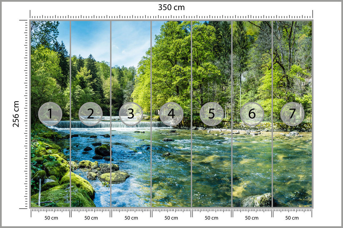 FOTOTAPETE für Wohnzimmer Landschaft Steinerne Fluss Wald Bäum 350x256 - Türkis/Blau, Papier (350/256cm) - Muralo