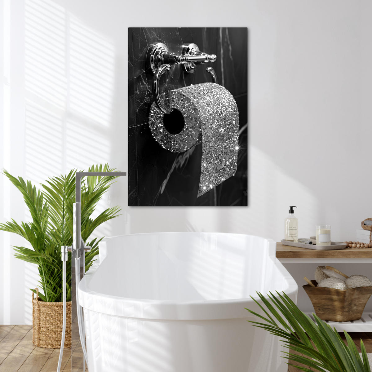 LEINWANDBILD WC - Toilettenpapier - Schwarz und weiß - Glitter 60x90 cm - Silberfarben, Textil (60/90cm) - MuchoWow