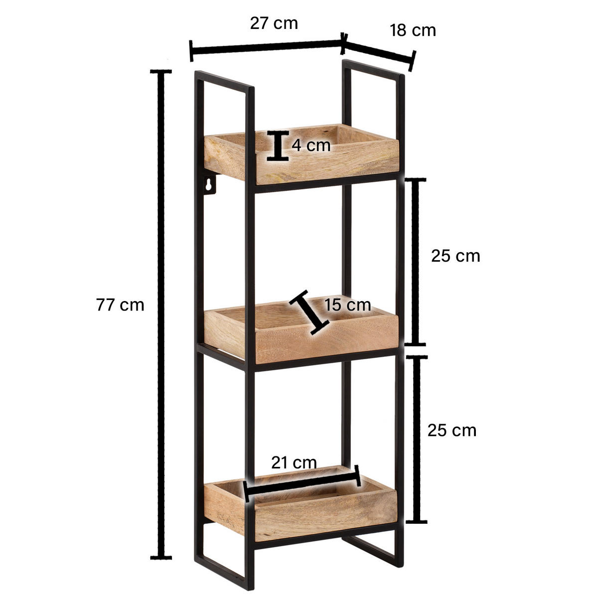 WANDREGAL Mango Massivholz Metall Industrial Stil 27x77x18 cm Rechteckig mit 3 Ablagen - Schwarz/Braun, Holz (27/77/18cm) - KADIMA DESIGN