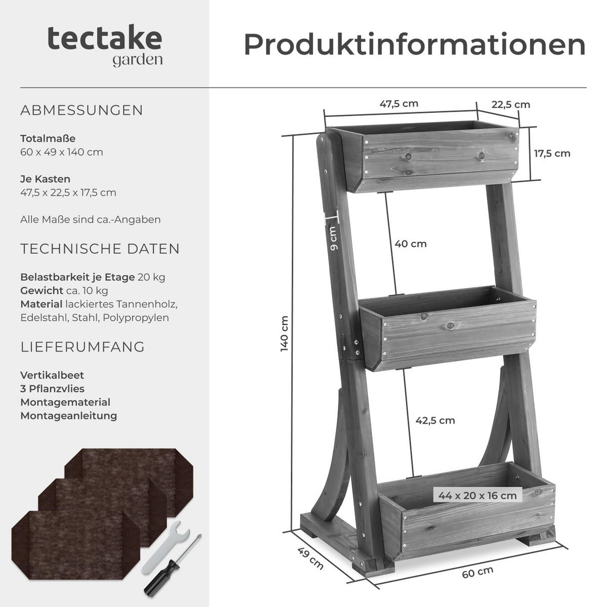 VERTIKALBEET Flora,inklusive Pflanzvlies, 60 x 49 x 140 cm,grau - Grau, Holz (60/140/49cm) - tectake