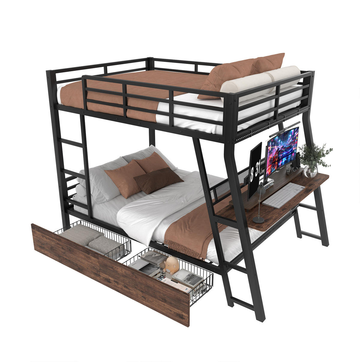 HOCHBETT mit Schreibtisch und 2 Schubladen 140x200 cm Metall Schwarz - Schwarz, Metall (140/200cm) - Beauniv