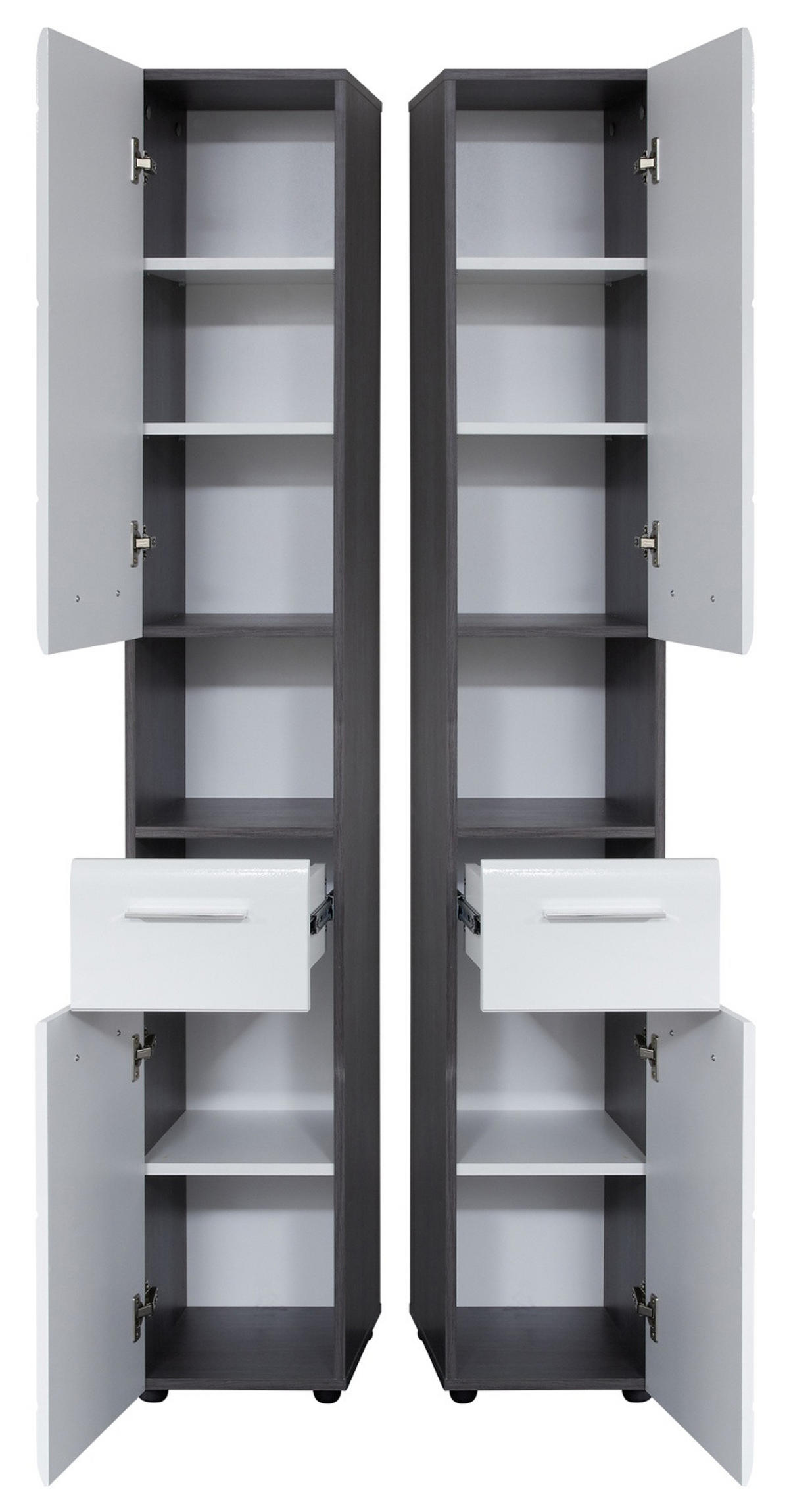 HOCHSCHRANK weiß Hochglanz, grau Rauchsilber 30 cm, Badschrank wechselbarer Türanschlag - Weiß Hochglanz/Silberfarben, Holzwerkstoff/Kunststoff (30/182/31cm) - Top.Furn