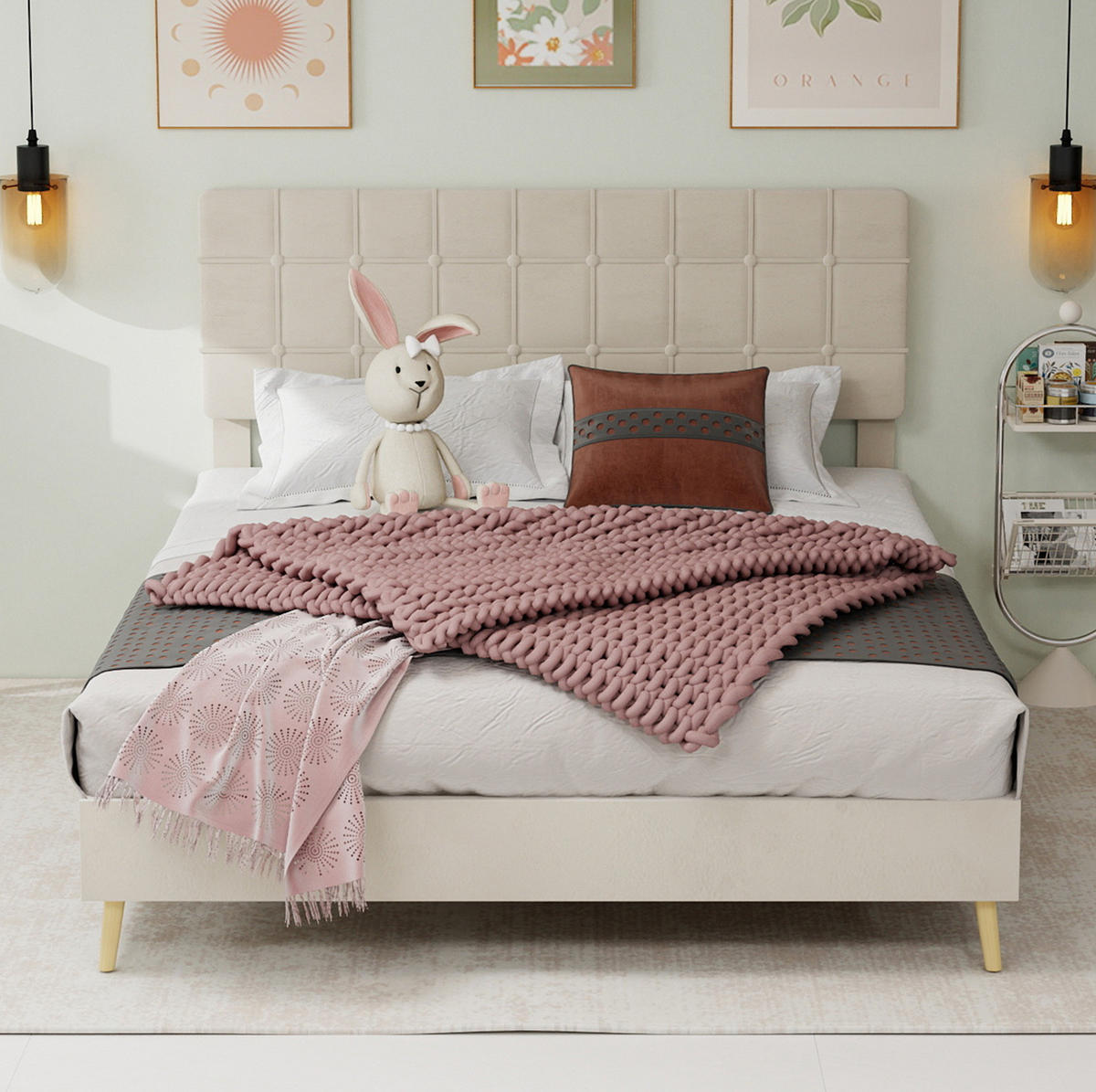 ČALOUNĚNÁ postel 160/200 cm béžová z sametu s prošívaným čelem a dřevěnými nohami - béžová, textil (160/200cm) - OKWISH