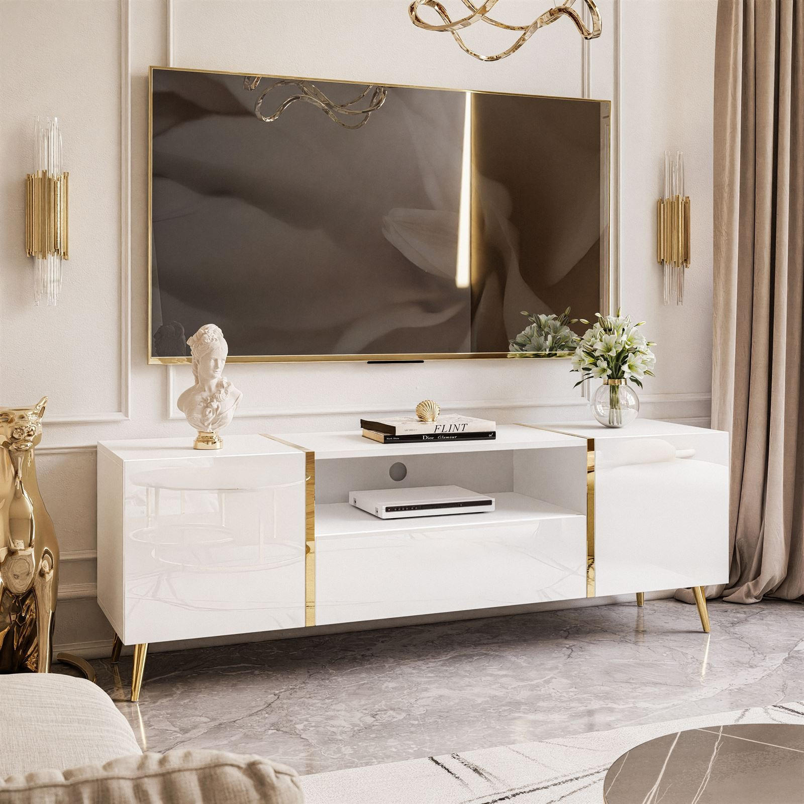 TV-ELEMENT ONYX AUF GOLDENEN BEINEN HOCHGLANZ 158 CM PUSH OPEN - Weiß, Holzwerkstoff (158/53/41.3cm) - Lookway