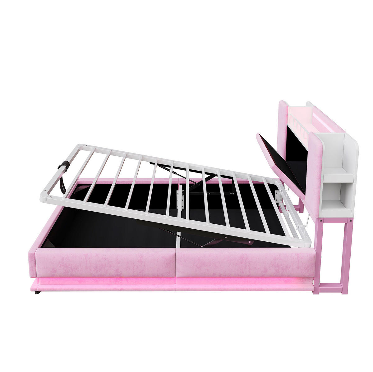 KINDERBETT aus Polsterung 90x200 cm Rosa mit LED-Beleuchtung, USB-Anschluss und hydraulischem Bettkasten - Rosa, Textil (90/200cm) - Modfu