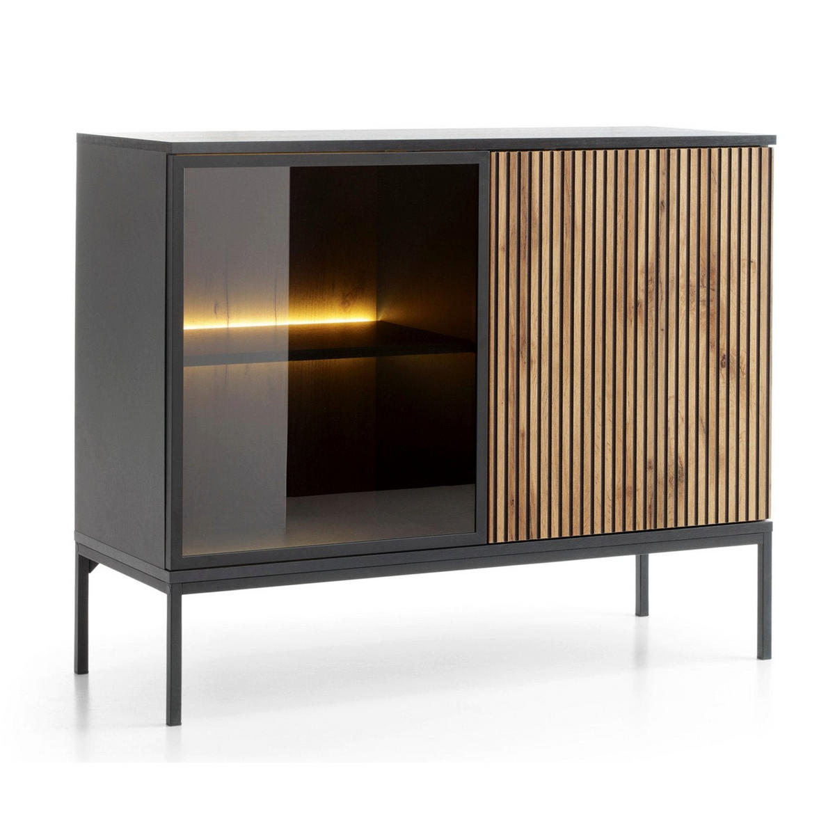 KOMODA Tosena čierna/dub Wotan s LED 104 cm - čierna/farba duba, kov/kompozitné drevo (104/83/39cm) - Selsey