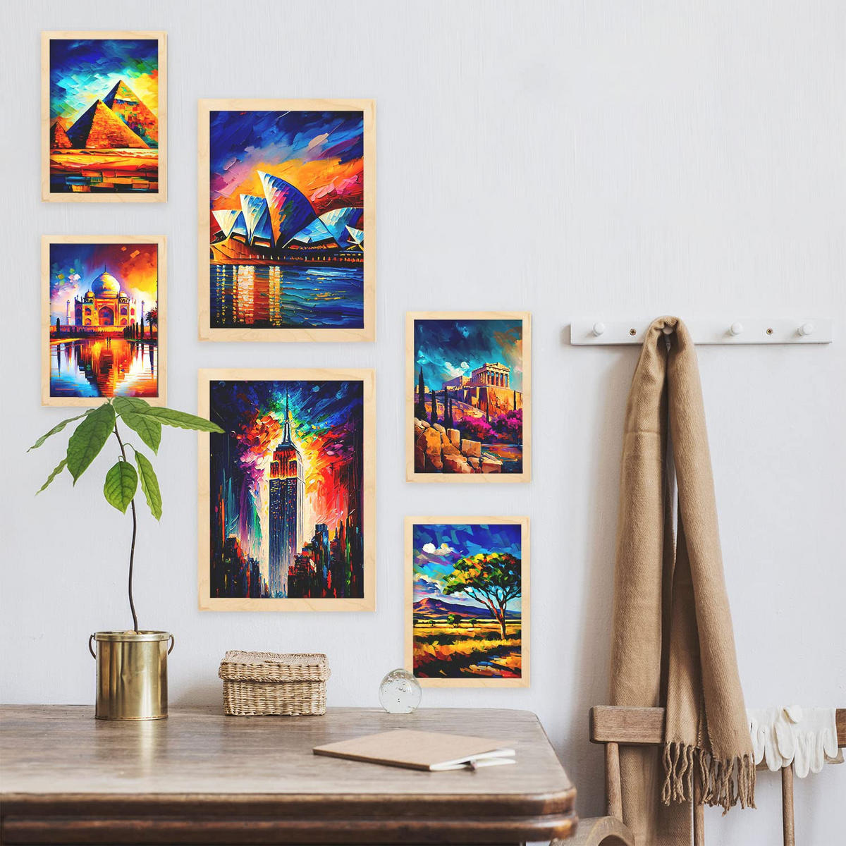 POSTER Set Mit 6 Erhöht Im Ölgemälde Stil A3 & A4 Rahmen Aus Hellem Holz - Beige, Papier (29/3cm) - Nacnic