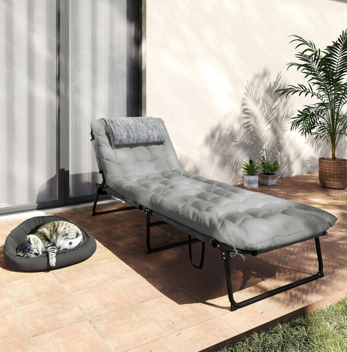 SONNENLIEGE aus Polyester 68x189x30 cm Grau klappbar mit 4-fach verstellbarer Rückenlehne, Kopfstütze und Seitentasche - Grau, Kunststoff (189/33/68cm) - Modfu