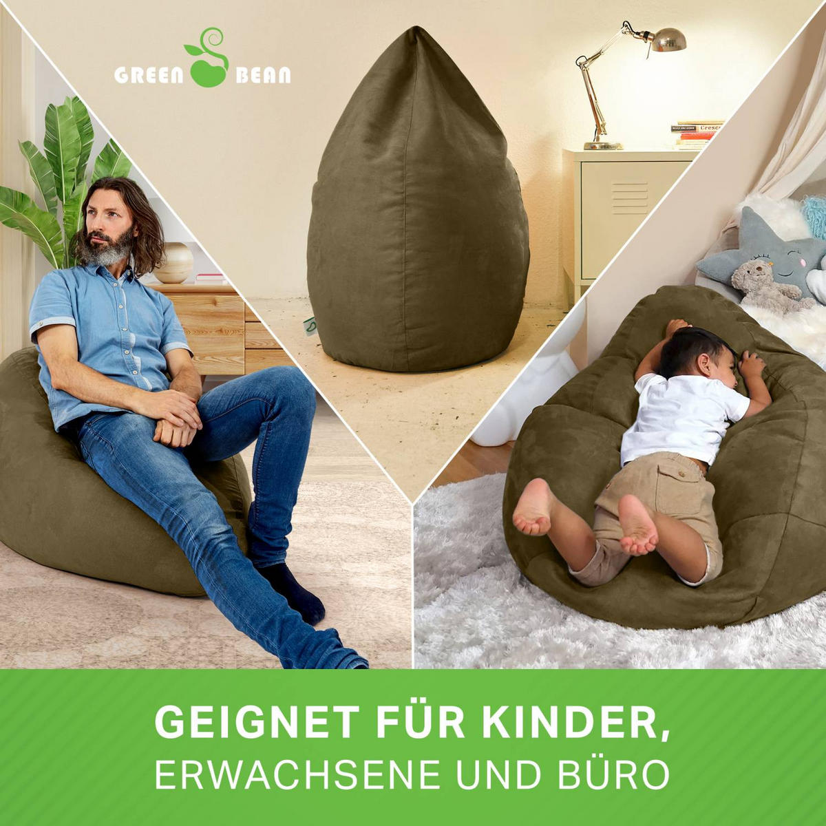 SITZSACK "Drop" 60x60x90cm - 220L - Olivgrün, Textil (60/90/60cm) - Green Bean