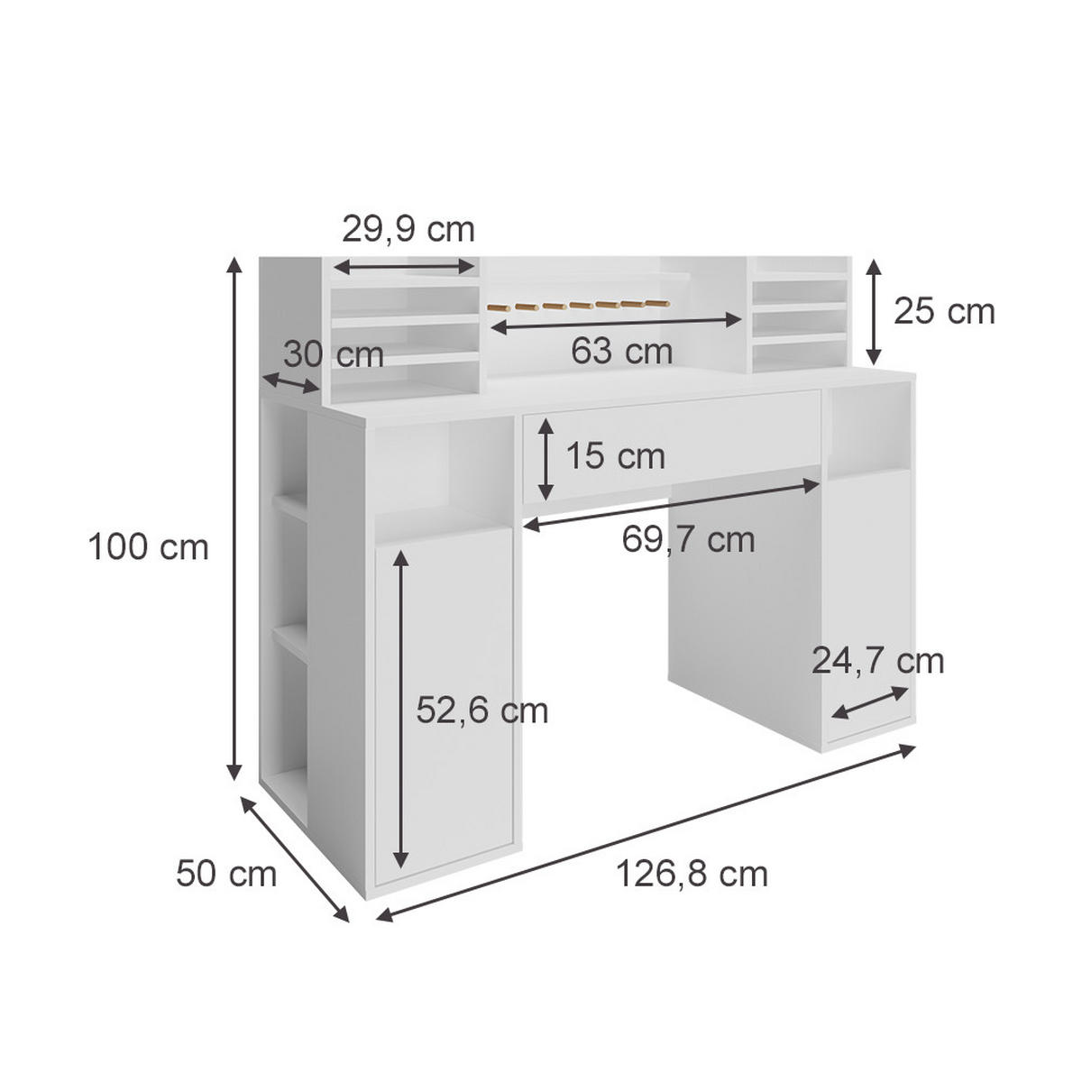SCHREIBTISCH Weiß 126.8 x 50 cm XL mit Regale - Weiß, Holzwerkstoff (50/126.8/100cm) - Vicco