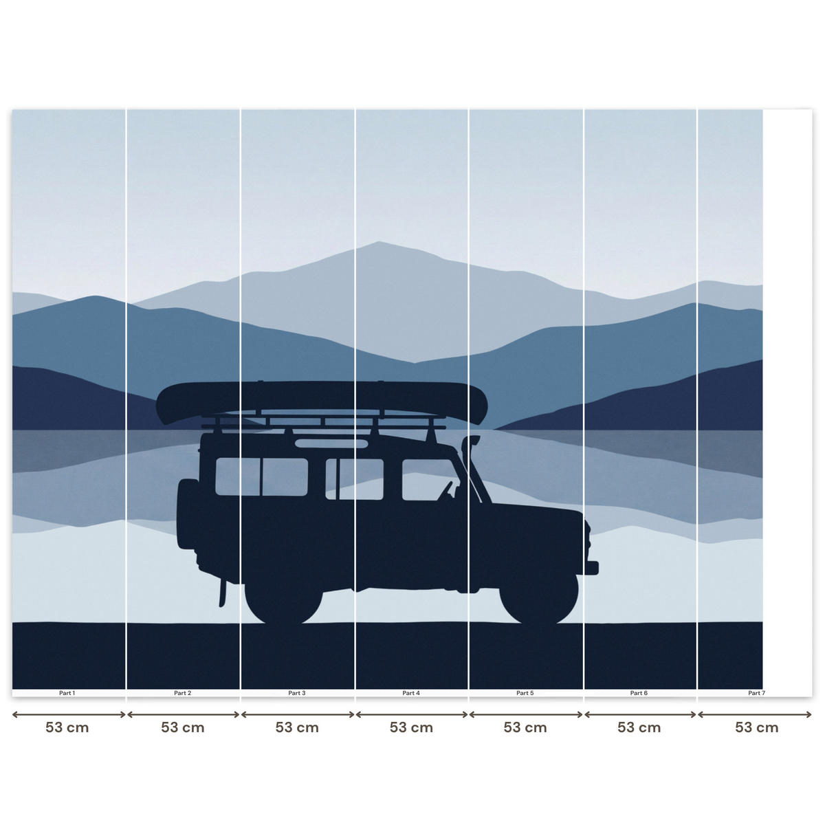 KINDERTAPETE - Auto - See - Berge - Blau - 350x300 cm - Blaugrau, Papier (350/300cm) - OnlyWow