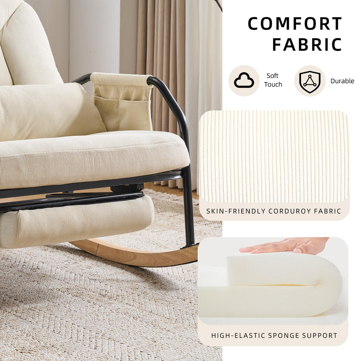 SCHAUKELSTUHL,ÜBERGROSS mit Fußstütze verstellbare Lehne Metallholz Cord,beige - Beige, Textil (87/89/88cm) - Vallsero
