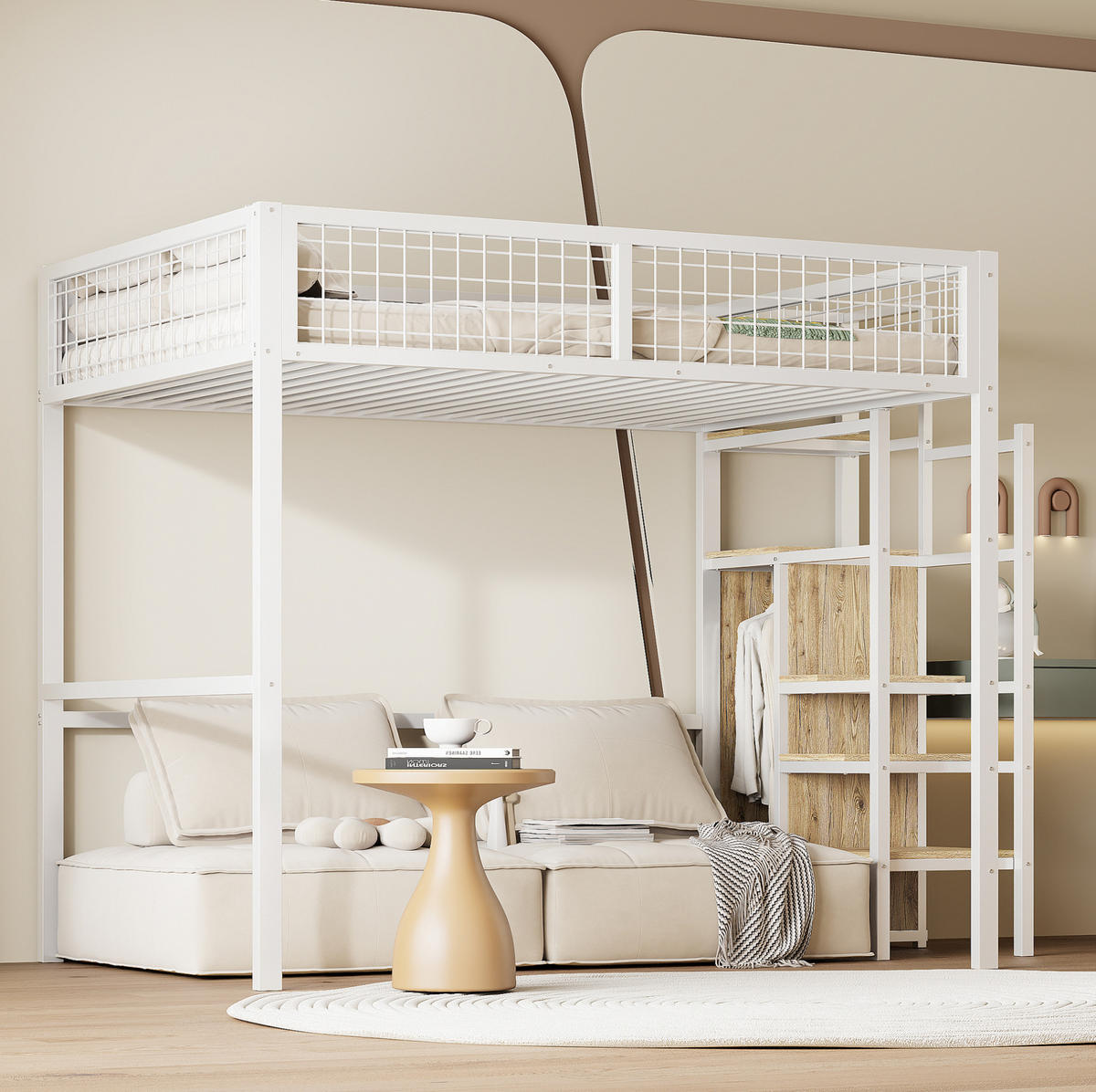 HOCHBETT 140/200 cm Weiß mit Leiter, Kleiderschrank und Regal - Weiß, Metall (140/200cm) - Flora Grace
