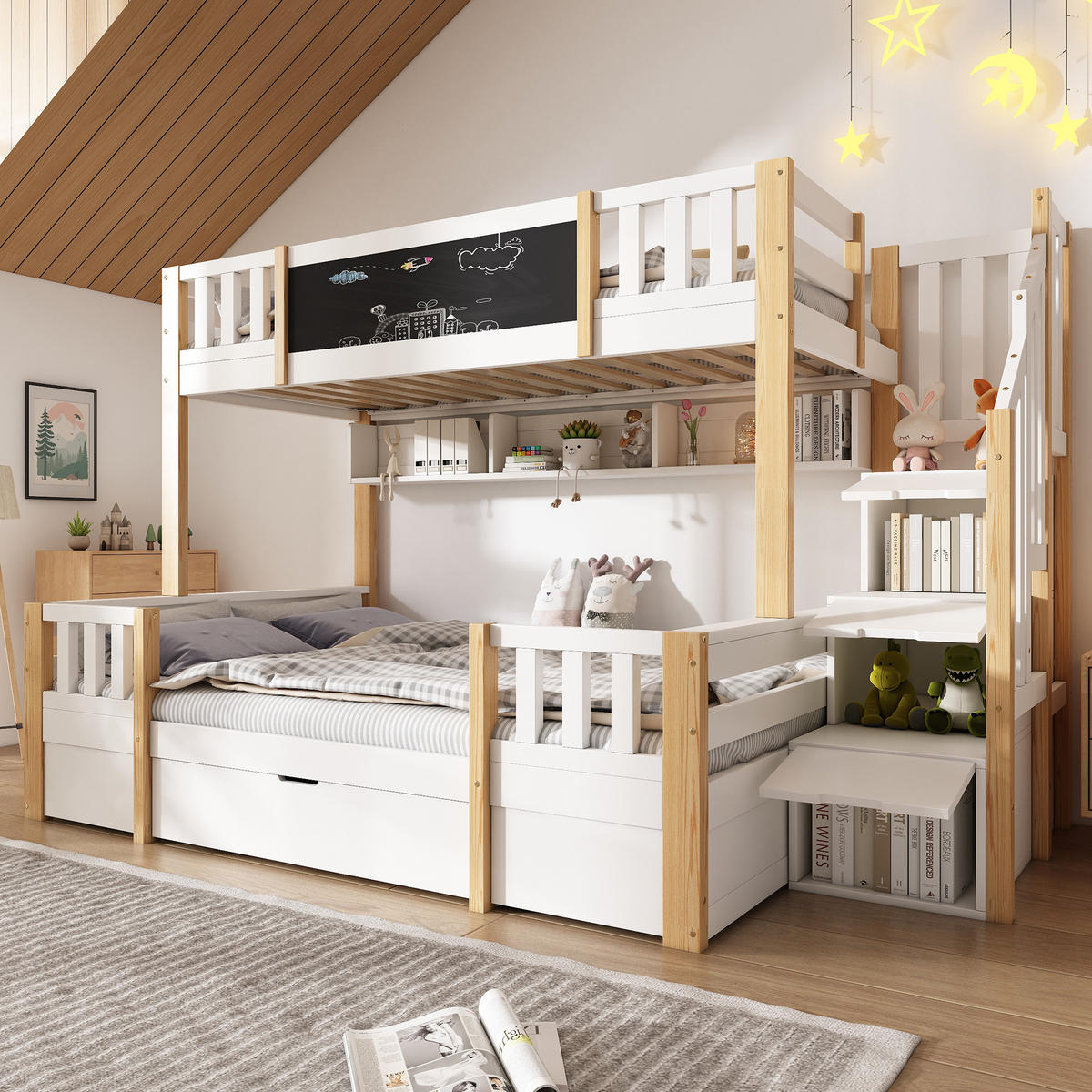 ETAGENBETT 90/200 cm und 140/200 cm Natur + Weiß mit Kreidetafel, Treppe mit Stauraum, 1 Schublade und einem trapezförmigen Schrank - Naturfarben, Holz (90/200cm) - Oxeza