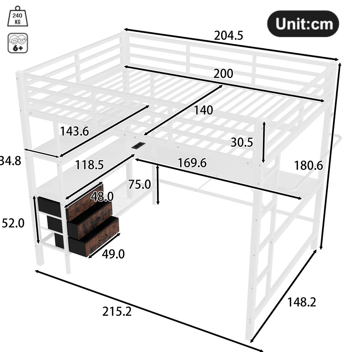 HOCHBETT mit Schreibtisch 140/200 cm in Weiß – mit Treppe, Stauraum und LED - Weiß, Metall (140/200cm) - BEAOK