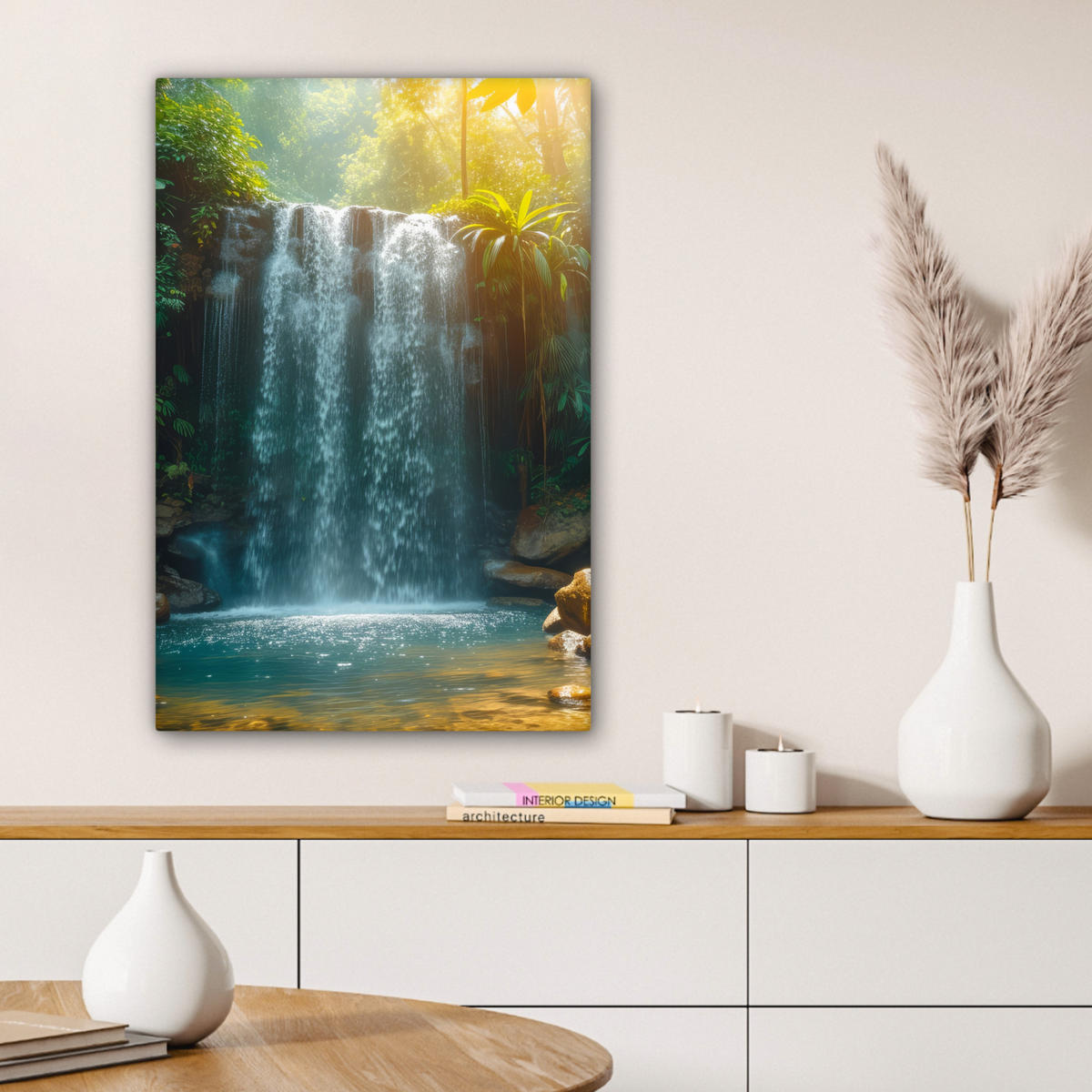 OBRAZ NA PLÁTNĚ Vodopád - Džungle - Slunce - Zelená - Příroda 40x60 cm - zelená barva, textil (40/60cm) - MuchoWow