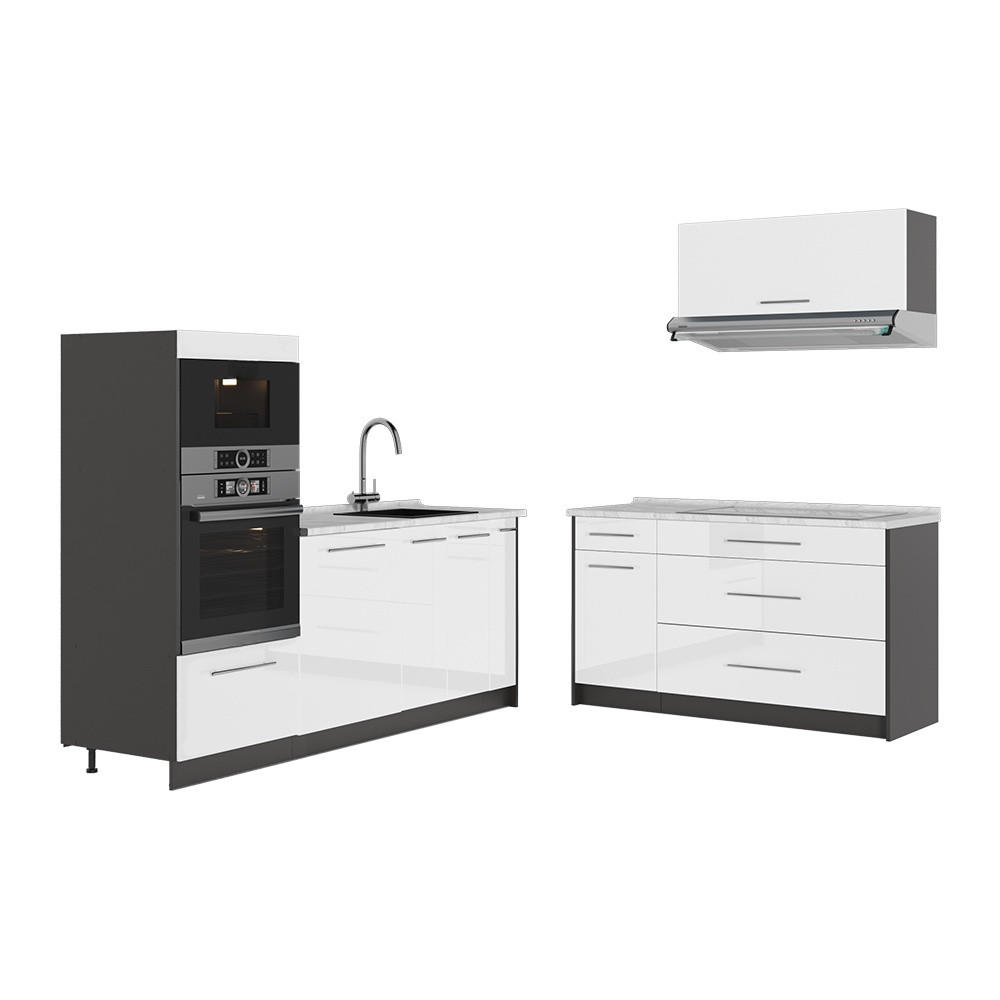 KÜCHENZEILE Fame-Line, Weiß Hochglanz/Anthrazit, 340 cm, AP Marmor - Weiß Hochglanz/Anthrazit, Holzwerkstoff (340/153.6/60cm) - Vicco
