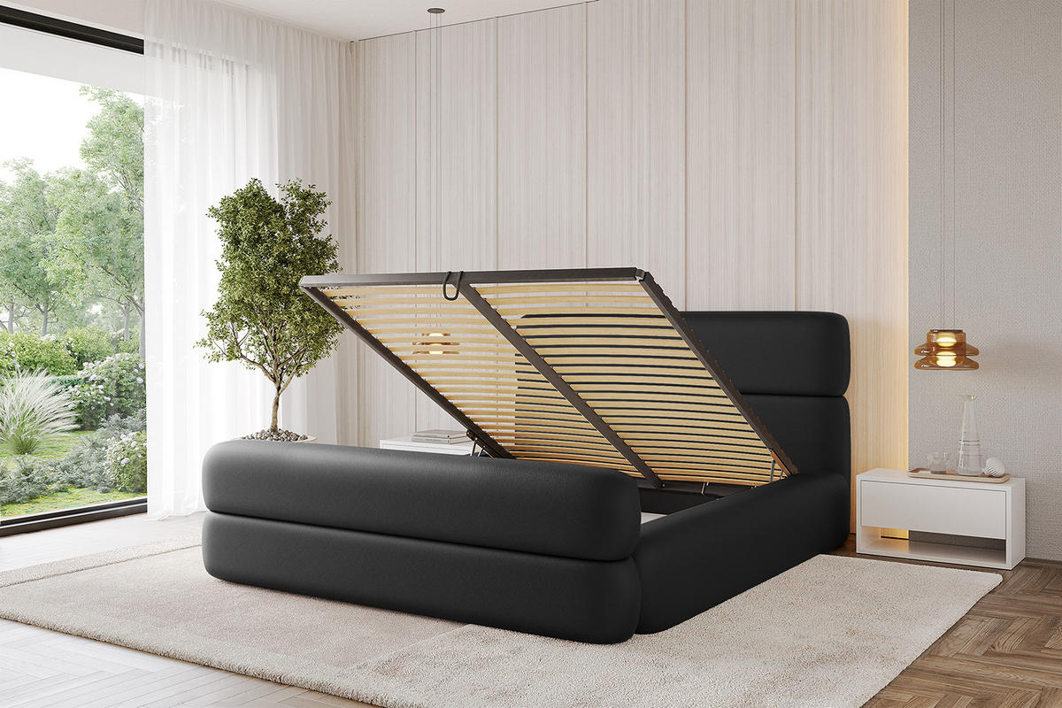 POLSTERBETT mit Bettkasten, Fußteil und Lattenrost, Boxbett mit Matratze H3/H4 - ENORA-Z 180x200 Schwarz Kunstleder - Schwarz Hochglanz, Holzwerkstoff/Textil (180/200cm) - ALTDECOR