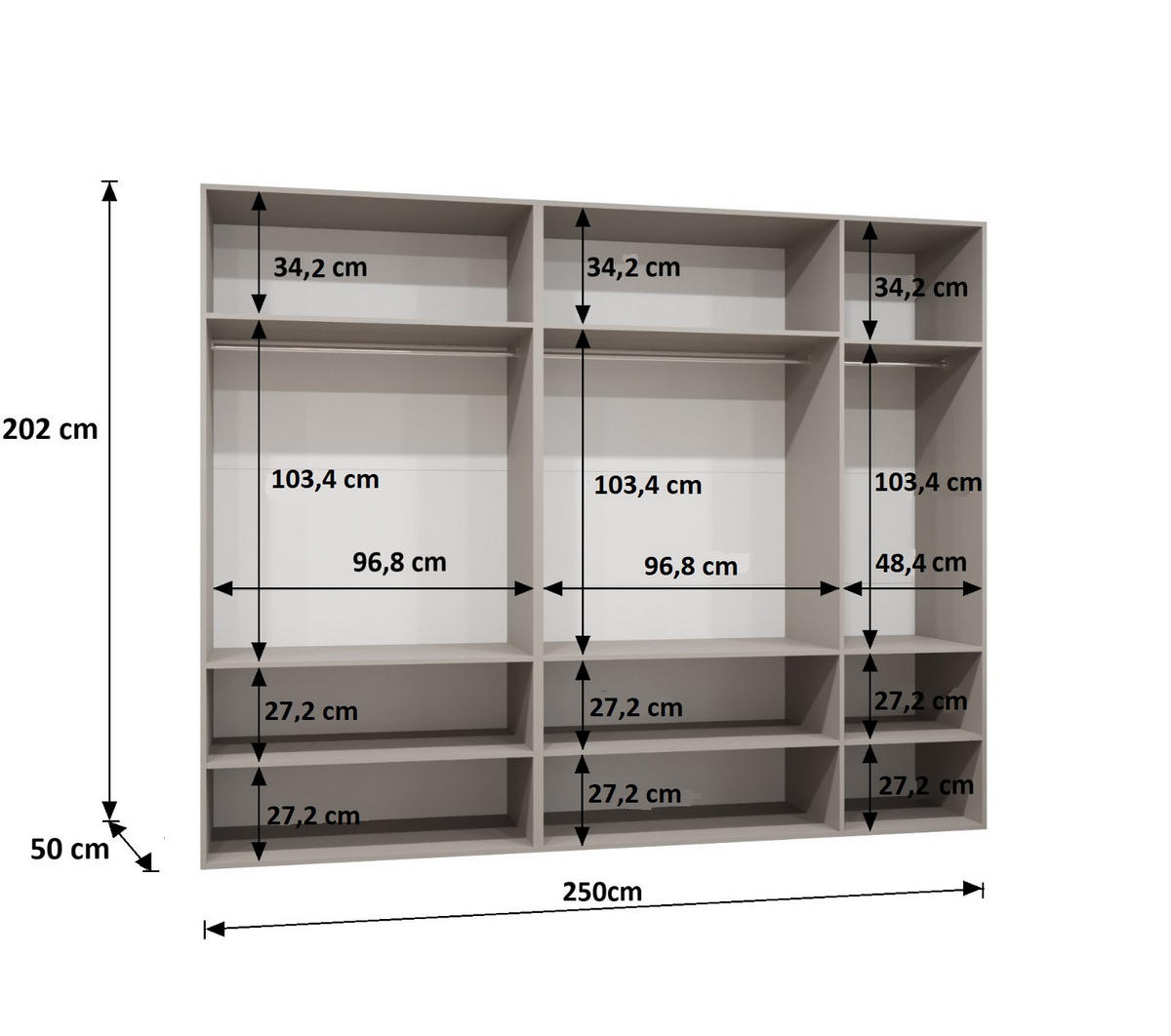 DREHTÜRENSCHRANK 202/250/52 5-türig - Kaschmir/Schwarz, Holz (250/202/52cm) - Abiks Möbel