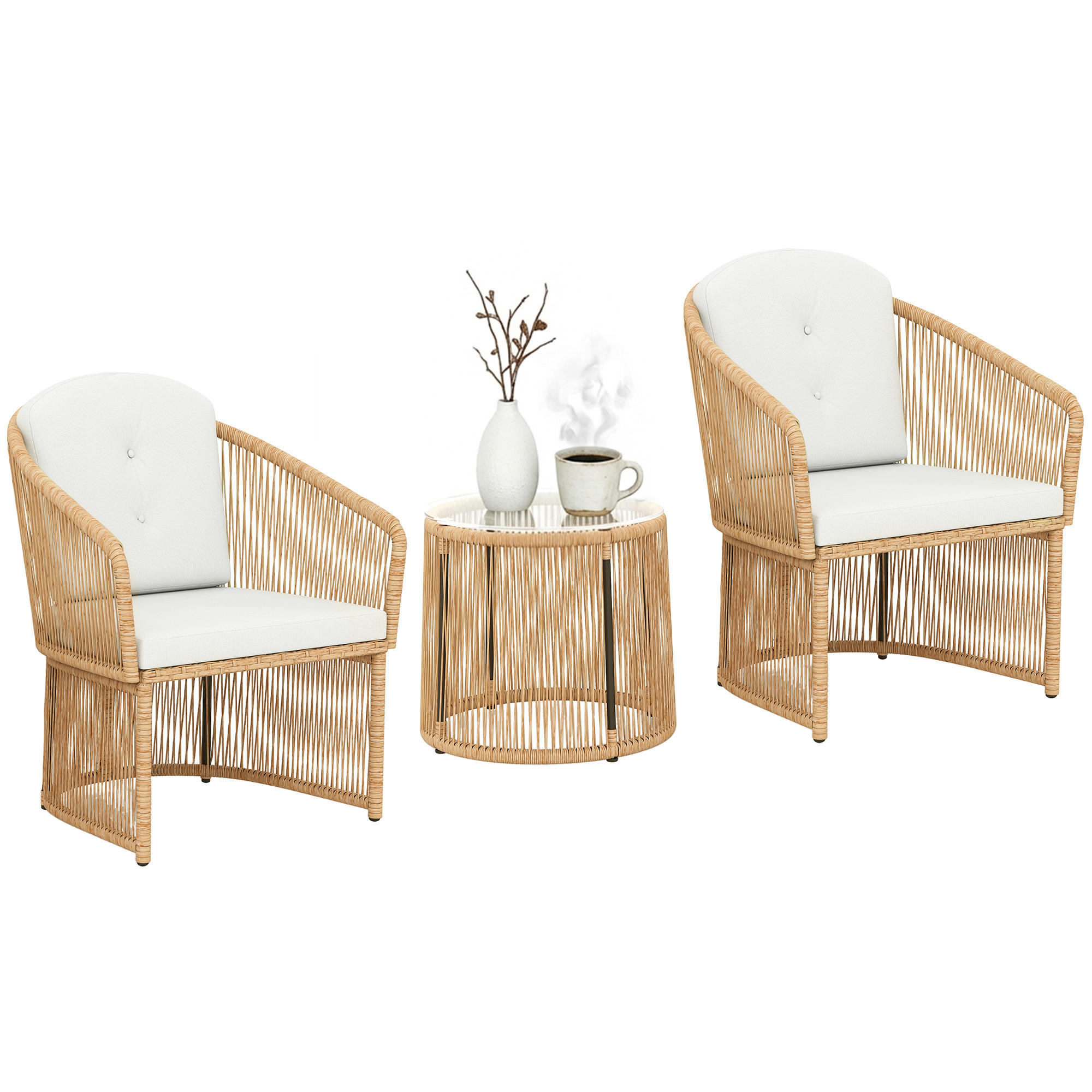 BISTRO-SET DE-06757 3-teilig, runder Glastisch & Kissen Cremeweiß - Creme, Kunststoff/Metall - ComfortXL
