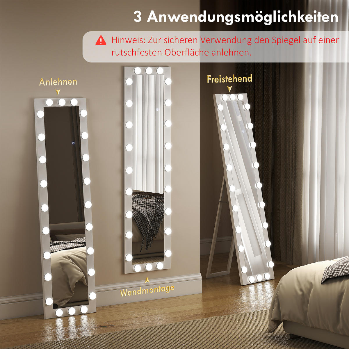 GANZKÖRPERSPIEGEL 150x40 cm LED Standspiegel mit 24 Glühbirnen 3 Lichtfarbe - Weiß, Glas/Holzwerkstoff (4/150/40cm) - HOMCOM