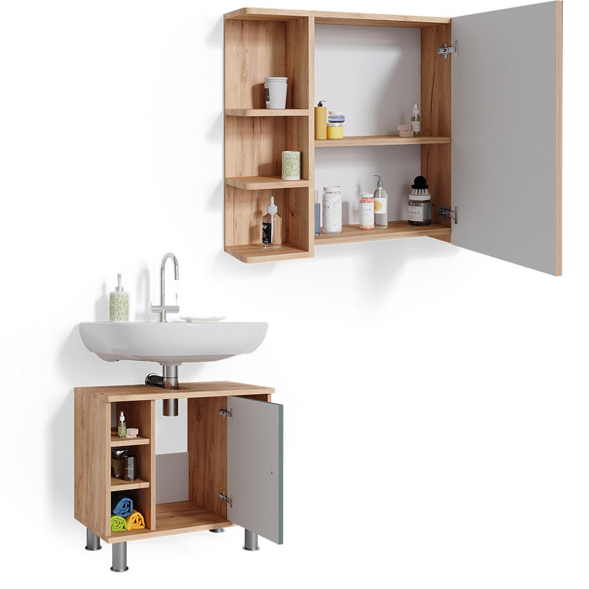 BADMÖBEL-SET Fynn Grün 2 Teile - Honigeiche/Grün, Holzwerkstoff (60/54/32cm) - Vicco